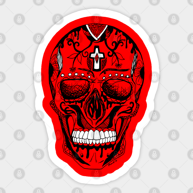 Red and Black Day of the Dead Skull Sticker by kenallouis